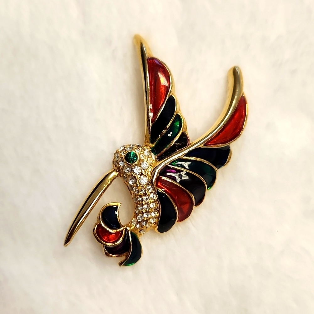 Hummingbird Enamel Rhinestone Vintage Brooch Unmarked.